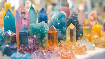 A table full of colorful crystals and gemstones. The colors are vibrant and the stones are of various shapes and sizes. The table is a display of natural beauty photo