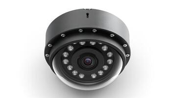 Close-up of a security camera lens with infrared LEDs on a white background. Concept of surveillance, security technology, monitoring systems, safety equipment photo