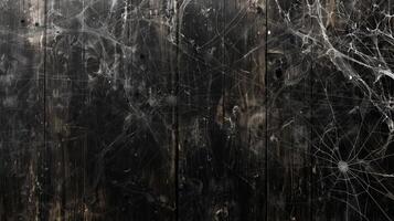 Old cobwebs on a dark, weathered wooden surface. Spooky, eerie background for Halloween. Concept of haunted house, vintage, decay, rustic decor. Banner. Copy space photo