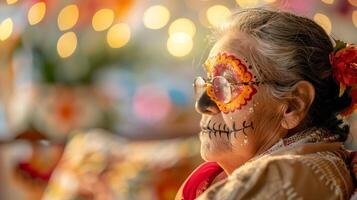 Elderly woman with colorful Day of the Dead makeup. Senior lady with Dia de los Muertos face paint. Concept of cultural heritage, festive celebration, traditional costume, Halloween. Copy space photo