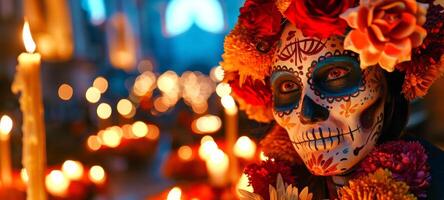 Mexican woman with Day of the Dead face paint surrounded by candles. Latina lady dressed for Dia de los Muertos. Concepts of Mexican culture, festive tradition, Halloween. Copy space photo
