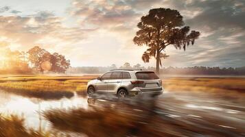 White SUV on a foggy road in savannah landscape. Light-colored vehicle driving fast in natural setting. Concepts of travel, adventure, off-road, and nature photo
