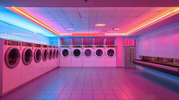Sleek and modern laundromat equipped with high-tech machines and neon lighting. Futuristic laundry environment. Concept of advanced technology, public utility, efficiency. photo