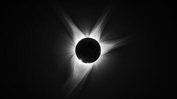 Solar eclipse with visible corona in a dark sky. Eclipse showing the solar corona. Concept of astronomy, celestial events, and cosmic phenomena photo