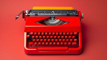 Retro red typewriter. Vintage typing machine. Concept of writing, nostalgia, and old-fashioned technology photo