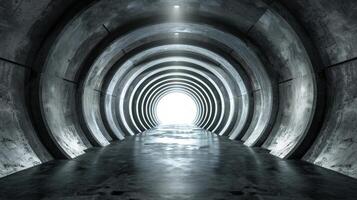 Light at the end of a tunnel with blue illumination. Concept of hope, journey, unknown destination, and enlightenment photo