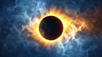 Dramatic solar eclipse with bright corona effect in the night sky. Majestic eclipse phenomena with glowing solar light. Concept of astronomical event, celestial wonder, natural spectacle photo