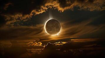 Solar eclipse with a glowing corona surrounded by dramatic clouds. Eclipse casting shadows in a dark sky. Concept of astronomy, celestial events, solar phenomena, and cosmic spectacle photo