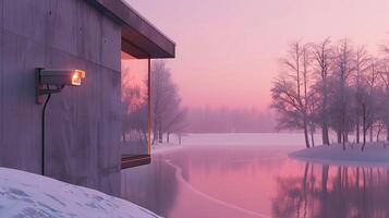 Modern concrete house with a security camera by a serene winter lake. Tranquil sunset. Concept of surveillance, modern architecture, peaceful nature, landscape photo