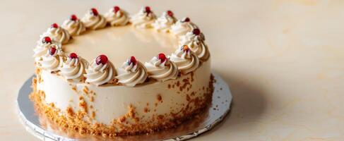 Delicious vanilla cake with whipped cream and berries. Perfect for birthdays, celebrations, and special occasions.. Copy space photo