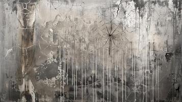 Abstract textured wall with spider art, spiderweb and paint drips. Concept of decay, urban art, rustic design, eerie atmosphere, Halloween. texture. Banner. Copy space photo