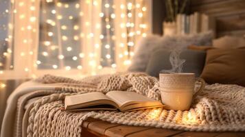 Cozy scene with an open book next to a cup of hot cocoa and knit blanket by a lit Christmas tree. Concept of reading, winter, relaxation, festive season, Christmas photo