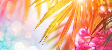 Bright summer tropical background with vibrant colorful palm leaves and bokeh effect. Trendy botanical wallpaper with soft colors. Festive mood. Summer vibes. Banner. Copy space. Mockup for design photo