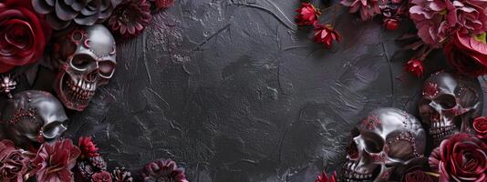 Skulls with roses on a textured black background. Skeleton heads with blooms on a rough dark surface. Concept of gothic art, spooky design, and Halloween decoration. Banner. Copy space photo