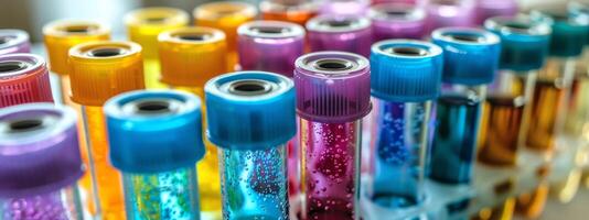 Colored liquids in test tubes arranged in a row in a laboratory setting. Concept of science, experiment, chemistry, research photo