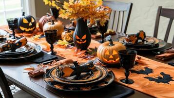 Festive Halloween-themed dinner table setting with jack-o-lanterns and autumn decorations. Concept of fall, holiday, festive dining, seasonal celebration photo