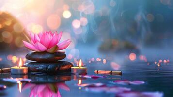 Serene setup of zen stones, lotus flower, and candles, creating a peaceful meditation space. Concept of tranquility, spiritual wellness, and calming environment. Banner. Space for text photo