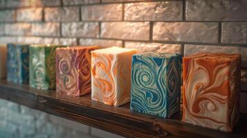 Handcrafted soap bars in vibrant colors and detailed patterns against a white brick wall. Artistic soap assortment. Concept of hygiene, personal care products, and decorative artistry. photo