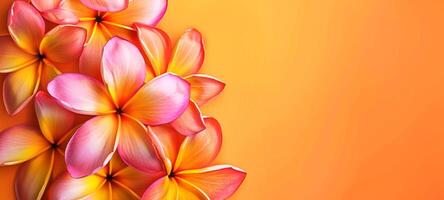Bright orange frangipani flowers on a solid background. Vibrant plumeria arrangement, isolated on orange. Concept of vivid floral display, tropical beauty, and design elements. Banner. Copy space photo