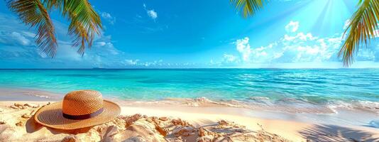 Tropical beach scene with a straw hat and sunglasses on the sand with a view of a turquoise sea. Idyllic beach getaway. Concept of travel, relaxation, beach vacation essentials. Banner. Copy space photo