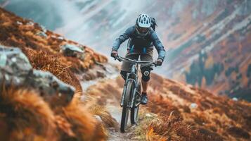 Mountain biker riding on a rocky trail in autumn. Cyclist navigating a rugged path with fall foliage. Adventure, outdoor sports, mountain biking, nature exploration concept photo