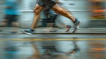 Runner's legs in motion during marathon. Athlete's feet running in a race. Jogging man. Concept of fitness, endurance, outdoor exercise, performance, run, activity, sport, sprinting photo
