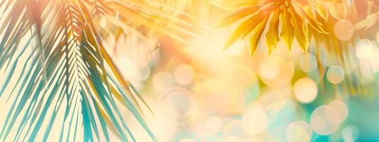 Bright summer tropical backdrop with green pastel palm leaves and bokeh effects. Trendy botanical wallpaper with soft colors. Wide banner. Copy space. Mockup for design. Sunlight photo