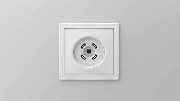 European-style power socket on a light grey wall. Concept of electricity, household infrastructure, minimalist design, utility photo