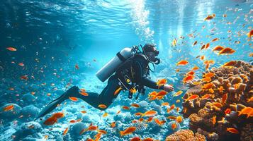 Scuba diver exploring a vibrant coral reef teeming with colorful fish. Concept of underwater adventure, marine biodiversity, and scuba diving tourism. photo