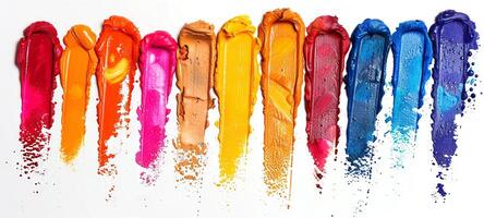 Colorful oil paint strokes in a row on a white background. Concept of vibrant art, painting materials, creative expression, abstract design. Paint stains isolated on white photo