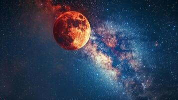 Total lunar eclipse showing the moon in deep red color, framed against star-filled sky, emphasizing vivid color contrast and celestial wonder. Concept of eclipse, space phenomena, astronomy event photo