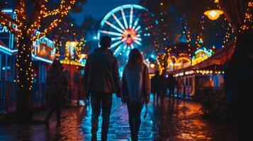 Pareja caminando mediante un festivo noche carnaval con vistoso luces. hombre y mujer en diversión parque. romántico noche, día festivo, festivo atmósfera, noche fuera concepto foto