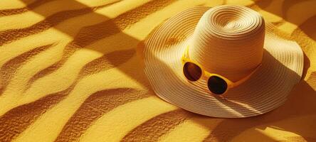 Straw hat and sunglasses on bright yellow sandy shore. Essential items for a beach vacation. Concept of coastal living, serenity, and sun protection. Copy space. Banner photo