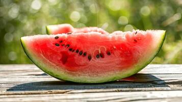 Fresh watermelon slice on a wooden table. Ripe watermelon segment on a wooden surface. Concept of summer, freshness, fruit, outdoor picnic photo