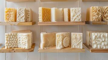 Elegantly designed handmade soaps displayed on wooden shelves, featuring intricate patterns and reliefs. Crafted soap collection. Concept of bespoke beauty products, detailed artistry photo