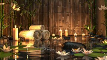 Elegant spa setting with lit candles, flowers, towels, smooth stones. Calming wellness retreat for relaxation. Concept of luxury Thai spa, tranquility, self-care, indulgence. Banner. Space for text photo