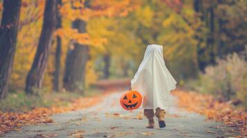 Child dressed as a ghost holding a pumpkin lantern walking through an autumn forest. Concept of Halloween, autumn, festive childhood, Halloween costume, jack-o-lantern photo