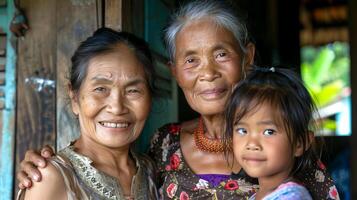 Grandmother, mother, and child girl from Southeast Asia, at home. Warm familial interaction among three generations. Concept of domestic life, generational connection, cultural continuity. photo