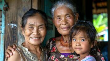 abuela, madre, y niño niña desde Sureste Asia, a hogar. calentar familiar Interacción entre Tres generaciones concepto de Doméstico vida, generacional conexión, cultural continuidad. foto