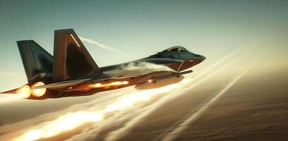 Military fighter jet in flight with afterburner glow. Combat aircraft soaring with fiery propulsion. Concept of aviation, military technology, aerial maneuvers, and advanced engineering photo