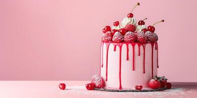 Elegant pink cake topped with cherries and raspberries. Perfect for bakery themes, dessert menus, and celebration design. Copy space photo