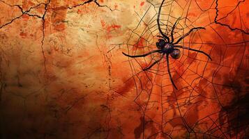Spider on an abstract cracked wall background with web. Halloween theme, creepy atmosphere, arachnid insect, dark mood. Banner. Copy space photo