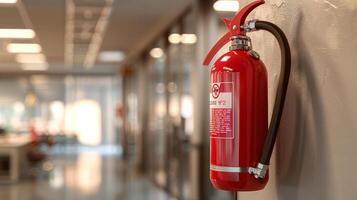Red fire extinguisher mounted on a wall in a modern office hallway. Safety equipment for emergency situations. Concept of fire safety, emergency response, workplace safety, preparedness. Copy space photo