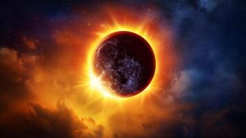 Radiant solar eclipse in a starry sky. Eclipse with glowing corona. Concept of solar observation, celestial phenomena, cosmic events, and astronomy photo