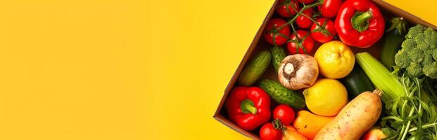 Fresh vegetables in a wooden crate on a yellow background. Healthy eating, organic produce, nutrition, farm-to-table. Concept of healthy lifestyle, diet, colorful food. Banner. Copy space photo
