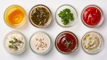 Eight small glass bowls filled with colorful sauces on a white background. Culinary variety, food presentation, cooking, condiment concept. Top view photo