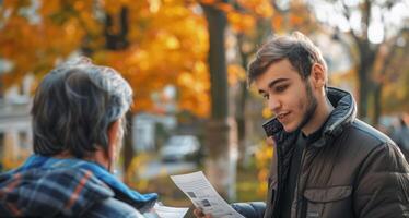 Young Caucasian volunteer discussing a political flyer with an elderly man in an autumn park. Volunteer campaigning. Concept of political engagement, community involvement, elections photo