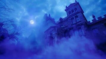 Mysterious large house at twilight surrounded by fog. Concept of haunted mansion, spooky atmosphere, eerie twilight, mysterious architecture, Halloween photo