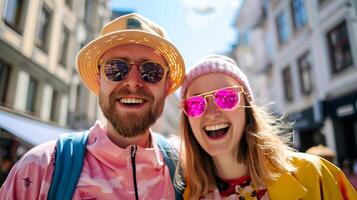 Young couple traveling in a European city. Happy tourists exploring historic architecture. Vacation, trip, sightseeing, adventure concept photo