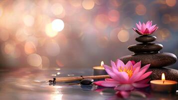 Lotus flower and warm candles with massage stones in a peaceful spa setting. Tranquil spa ambiance with lit candles and stones. Concept of serenity, wellness, and peaceful relaxation. Banner photo